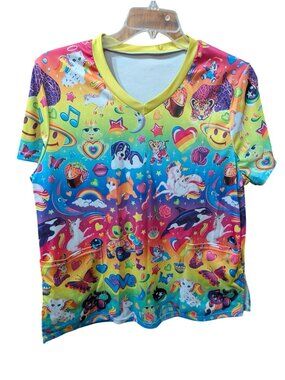 Lisa Frank Style Rainbow Scrubs Shirt w/ Colorful Unicorns Animals size XXL